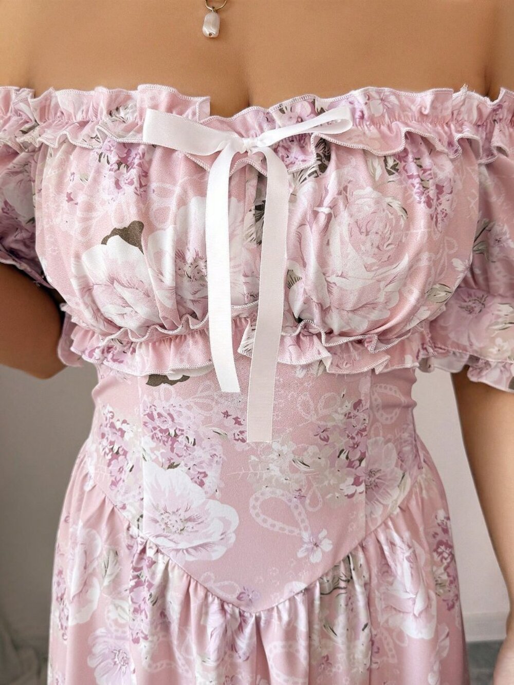 Pink Boho Women's Off-Shoulder Ruffle Bow A-Line Floral Dress - Picture 10 of 10